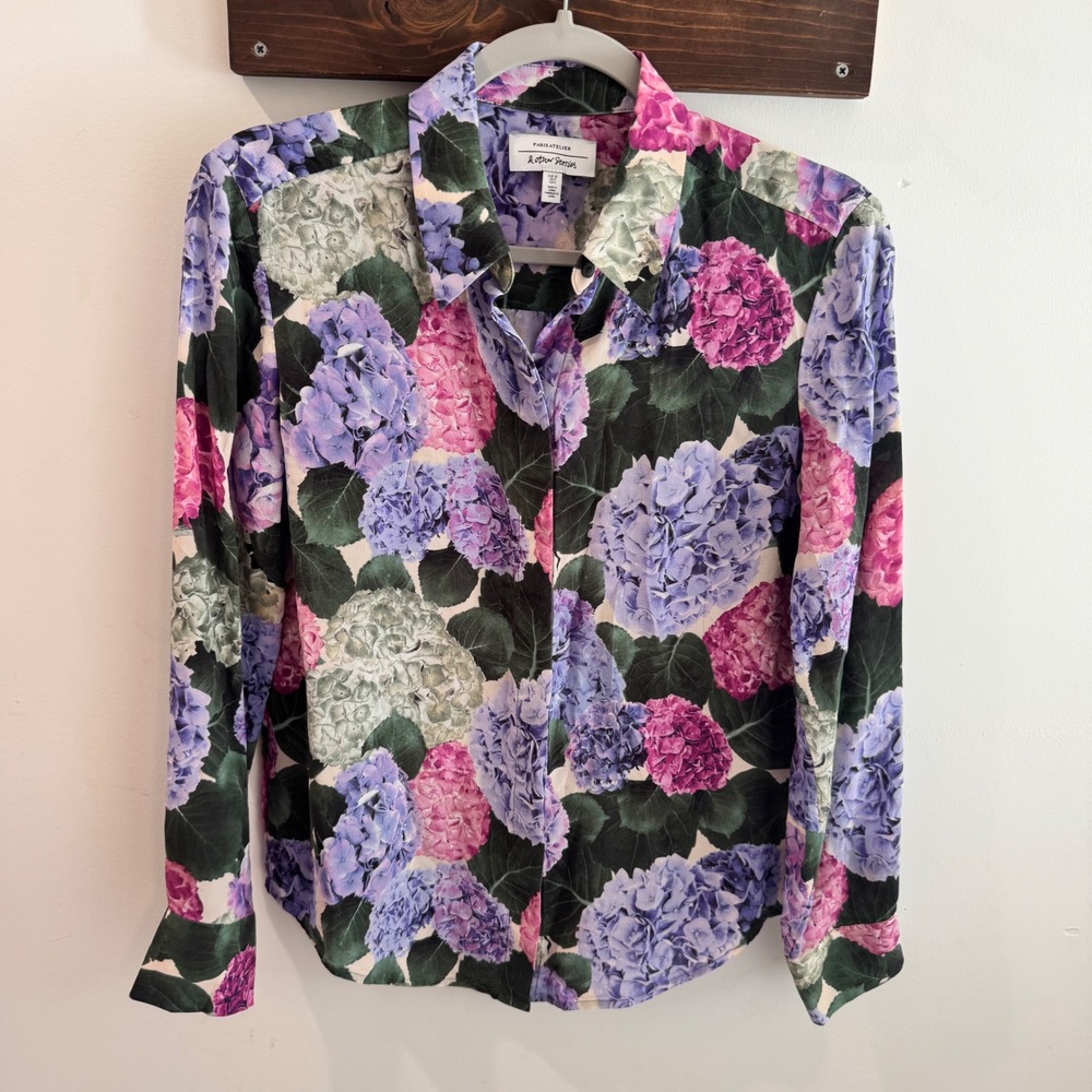 & Other Stories Paris Atelier 100% Silk Hydrangea Floral Blouse Purple Pink US 0